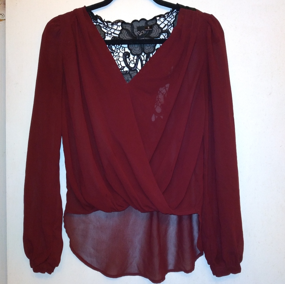 Maroon Chiffon V-neck Blouse Black Lace Open Back